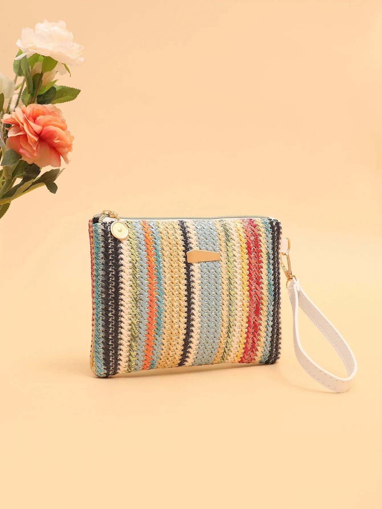 Rattan Knitting Women Straw Bags Fashion Colorful Summer Beach Clutch Bag Female Woven Wristlet Bag Wallet Money Coin Purse