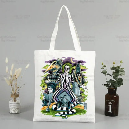 Beetlejuice Horror Gift Shopping Bag Print Original Design White Unisex Fashion Travel Canvas Bags