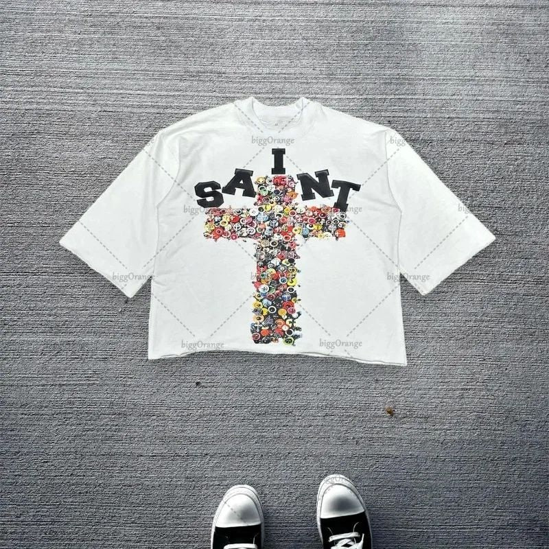 American Hip-hop Anime Print Oversized T-shirt Men Retro Trendy Streetwear Top Pure Cotton Round Neck Casual Loose Short Sleeves