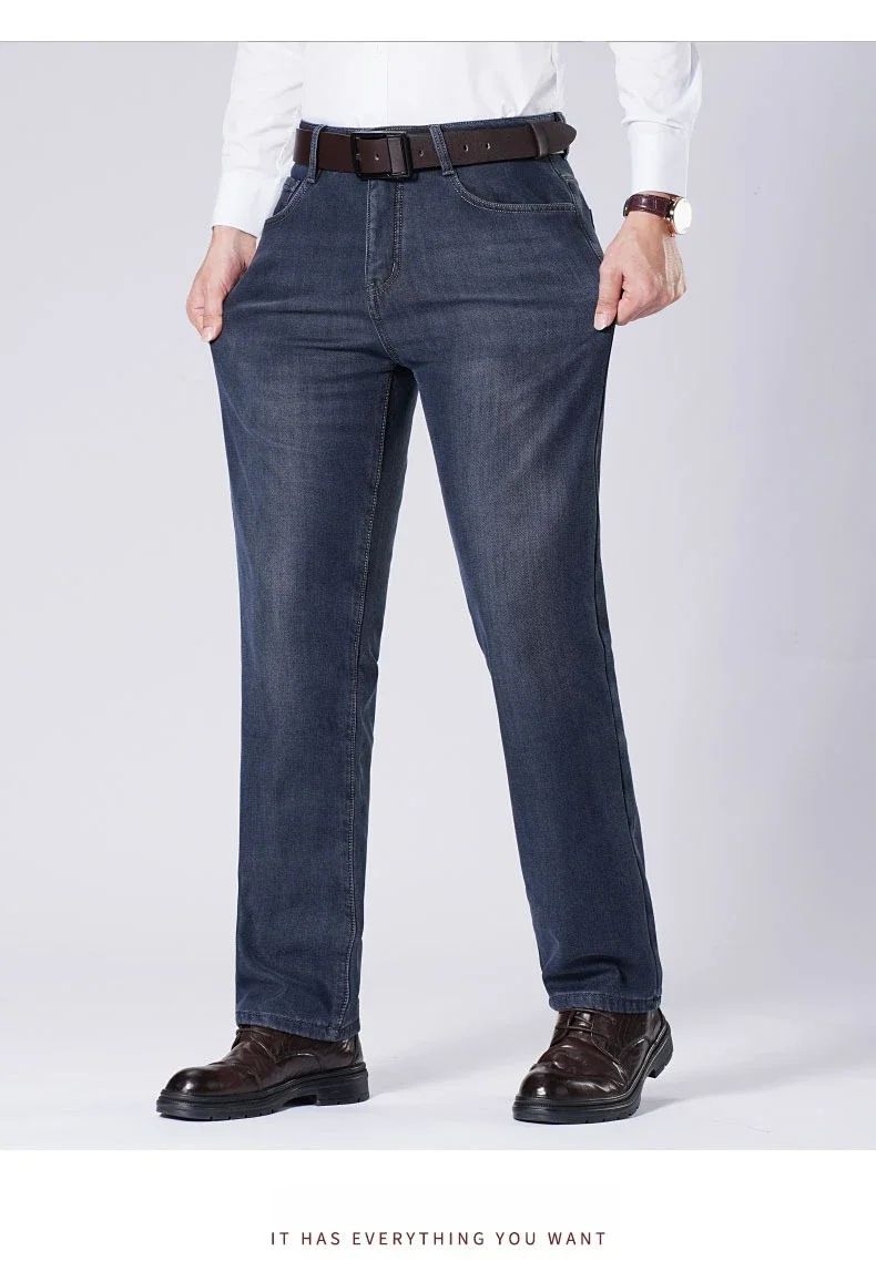 Men's Fleece Straight Leg Jeans Winter Thick Warm Business Casual Velvet Pants Elastic Loose Trousers Outdoorwear
