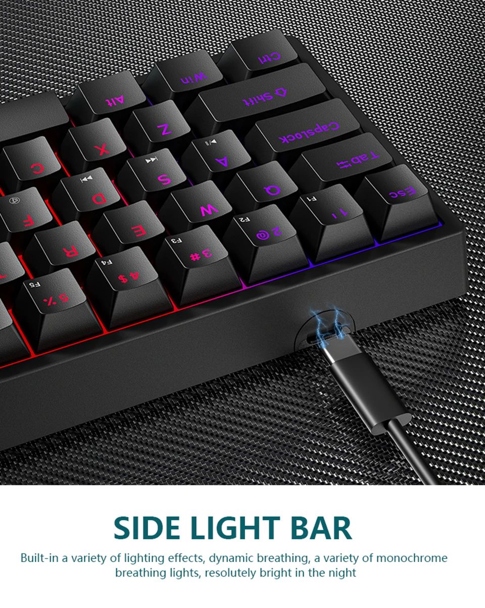 Teclado Mecânico para Jogos K620 Mini 61 Teclas RGB Hotswap Teclado para Jogos com Fio Tipo-C Teclas PBT 60% Teclados Ergonômicos