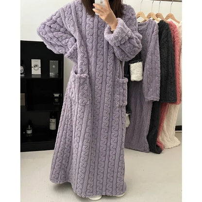 Thickened Warm Bathrobe Women Coral Velvet Padded Pajamas Dress Winter College Student Homewear Plus Size Ladies Striped