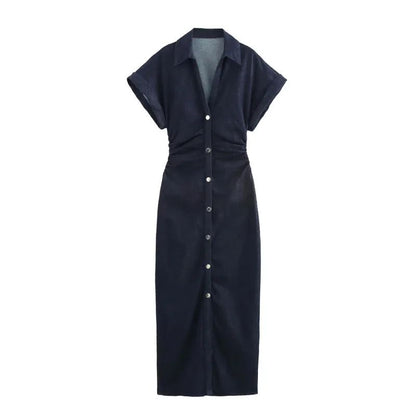 2025 traf Spring New 1975 series denim MIDI dress with lapel side zipper fashion