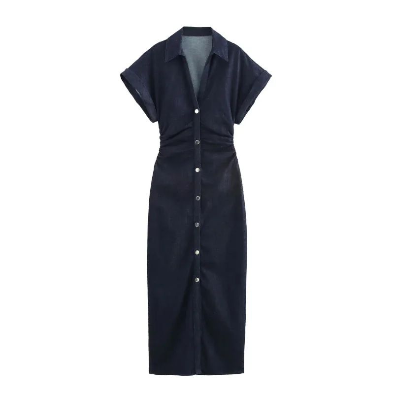 2025 traf Spring New 1975 series denim MIDI dress with lapel side zipper fashion