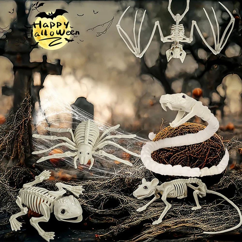 Fake Animal Skeleton Model Halloween Decor Dog Bat Spider Scorpion Cat Skeleton Scary Pendant Props Haunted House Accessories