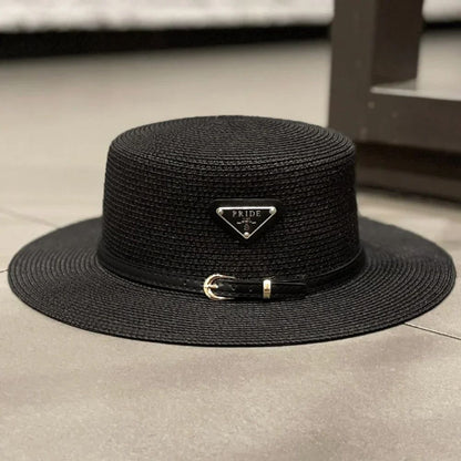 Straw Sun Hat for Children Kids Triangular Metal Logo Woven Beach Hat Spring Summer Fashion Vacation Sun Protection Wide Brim
