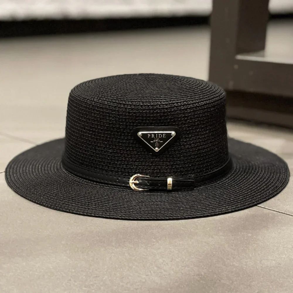 Straw Sun Hat for Children Kids Triangular Metal Logo Woven Beach Hat Spring Summer Fashion Vacation Sun Protection Wide Brim