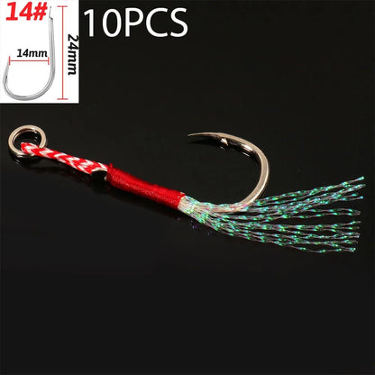10 pçs/Lote Anzol Auxiliar Cast Jig Aço Carbono Ângulo Farpa Rosca Pena Isca Pesca Lento Jigging Mar Pesca Anzol