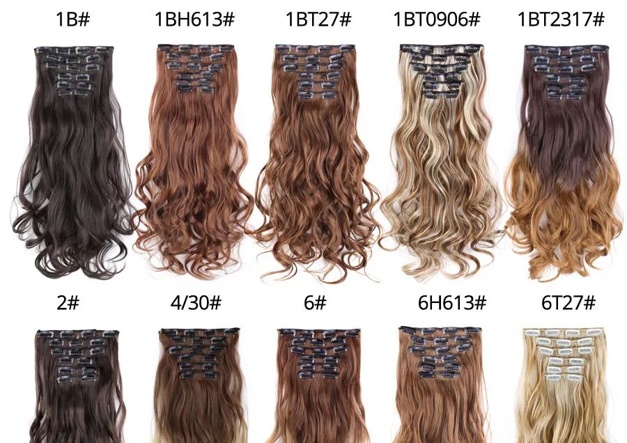 22 Polegadas Sintético Cabelo Liso Longo 16 Clipes 6 Peças/Conjunto Apliques de Cabelo Loiro Preto Resistente ao Calor Para Mulheres