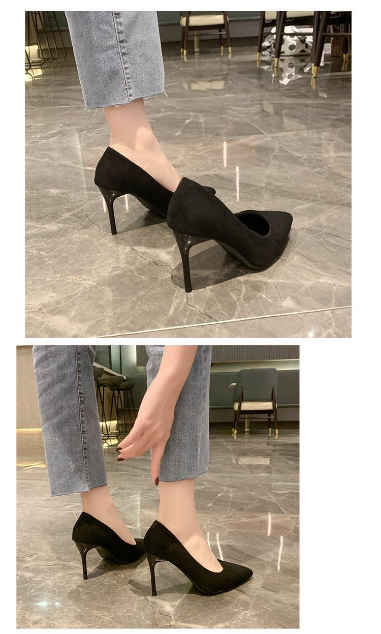 High Heels Women's New Women's Shoes Pointed Shallow Mouth Single Shoes Fine Heel Suede Black Fashion Shoes Women Large Size