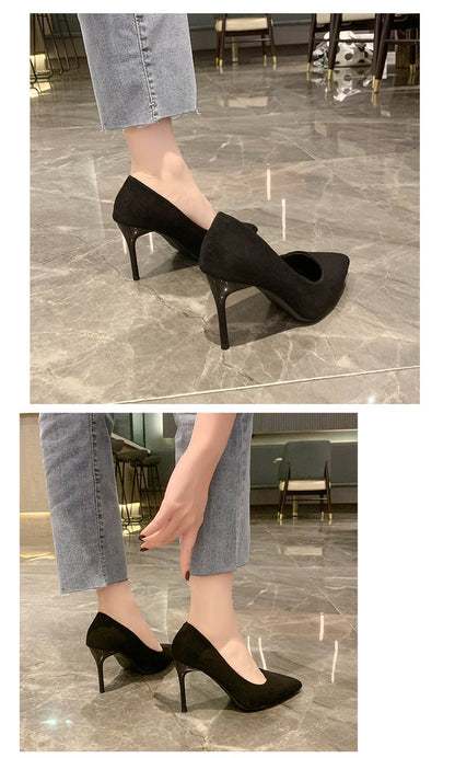 High Heels Women's New Women's Shoes Pointed Shallow Mouth Single Shoes Fine Heel Suede Black Fashion Shoes Women Large Size