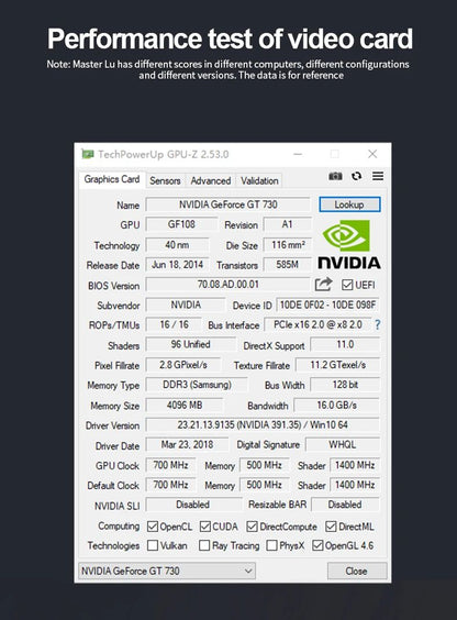 Placa de Vídeo GT730 4GB 64Bit DDR3 Com Porta HDMI VGA DVI Placa Gráfica Nvidia PCIE X16 2.0 GPU GT730 para Computador de Mesa