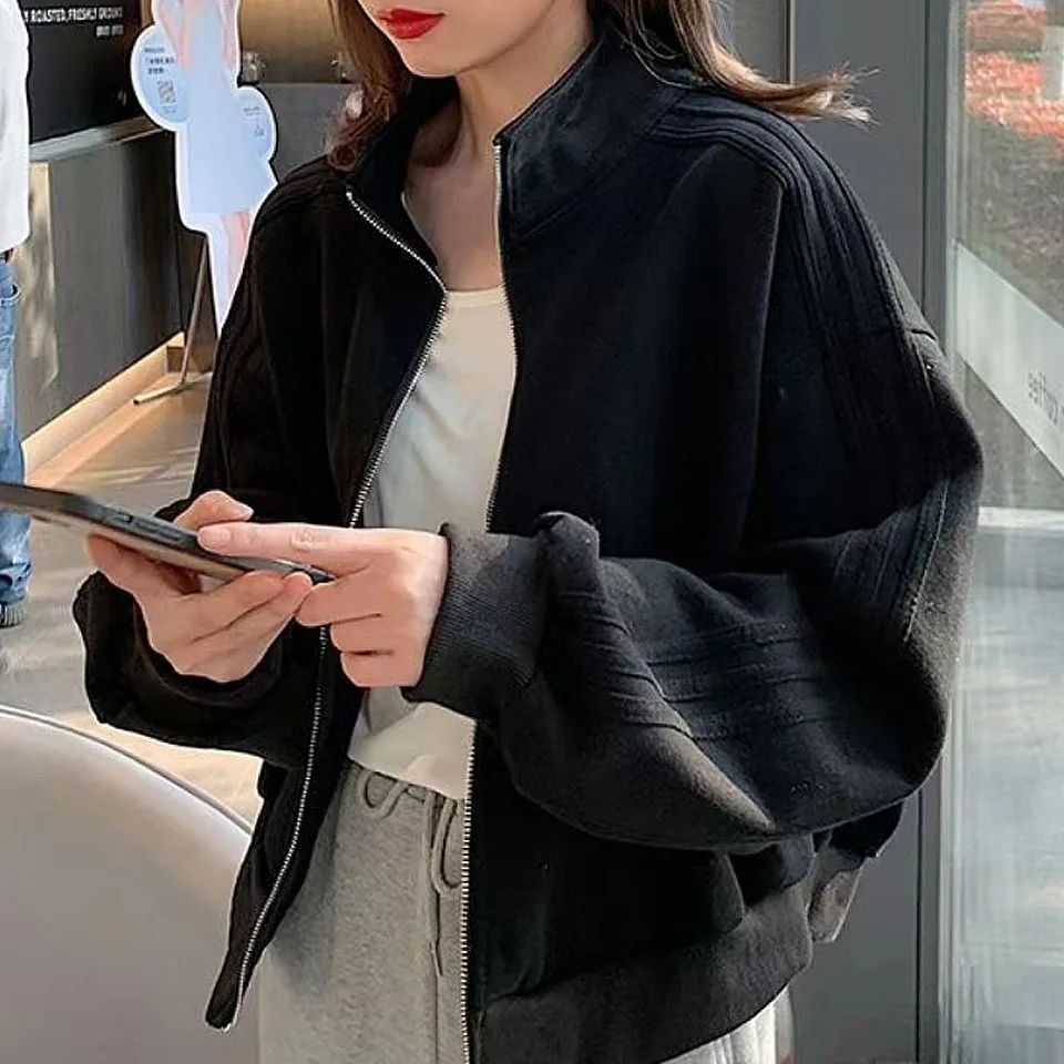 Short Sweatshirt Jacket Women's Autumn Winter Student Versatile Three Stripe Jacket Loose Fit Casual Style New Hot Sale Of The S