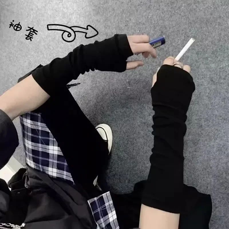 Y2K Gothic Lolita Gloves Arm Cover Harajuku Arm Warmers Black Grey Striped Fingerless Punk Long Wristband Metallic Unisex Gloves