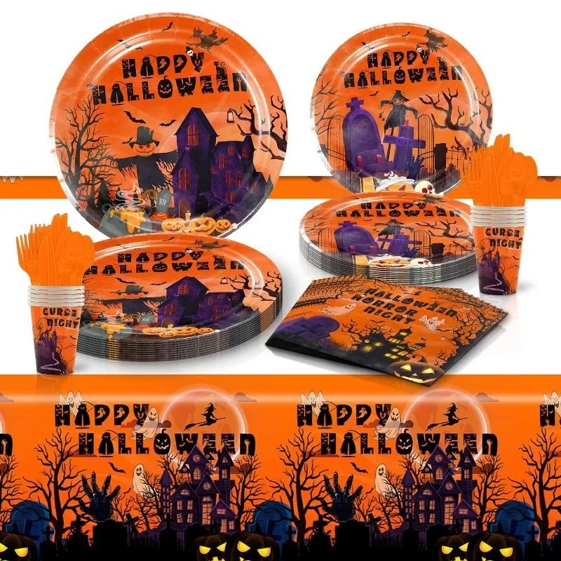 Conjunto de Louça de Festa de Halloween Pratos Festivos Guardanapos Toalha de Mesa Louça Descartável para 10/12 Convidados Decoração de Halloween