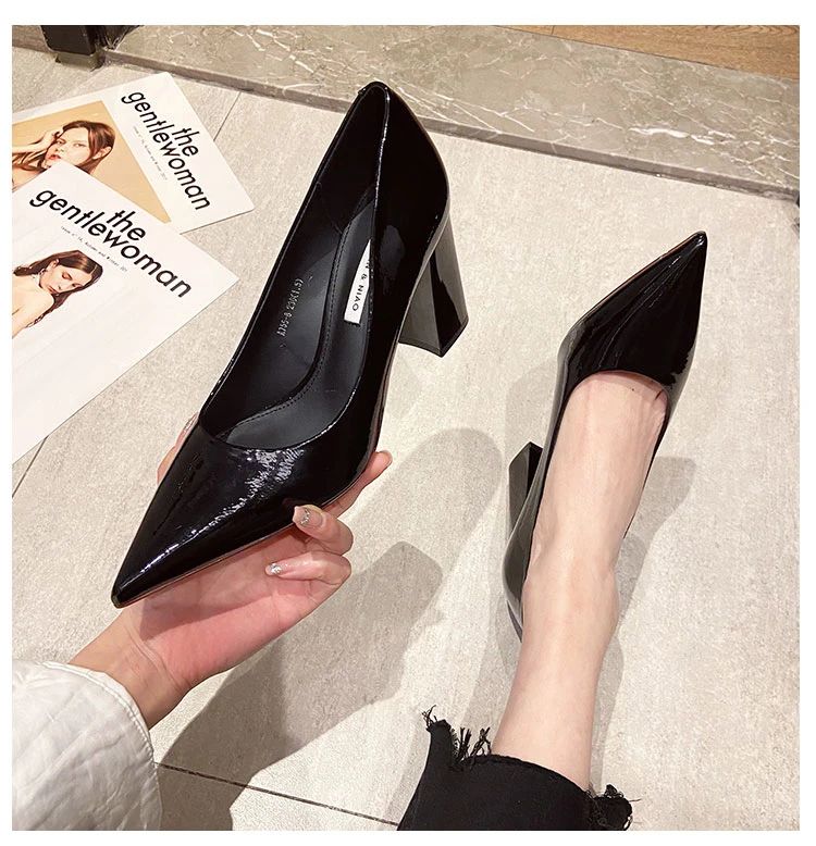 Women Shoes Patent Leather Slip-On Chunky Heels High Heels Women Temperament Pointed Toe Shallow Sexy Wedding Shoes Pumps