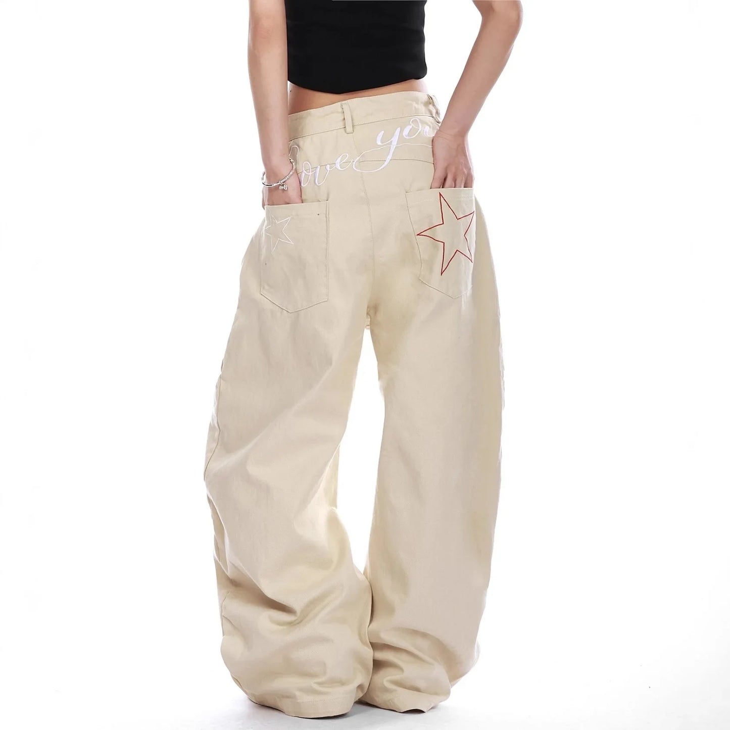 Retro American Star Letter Embroidery Wide Leg Jeans Men's Loose Long Trousers Workwear Pants Summer Denim Low Waist Straight