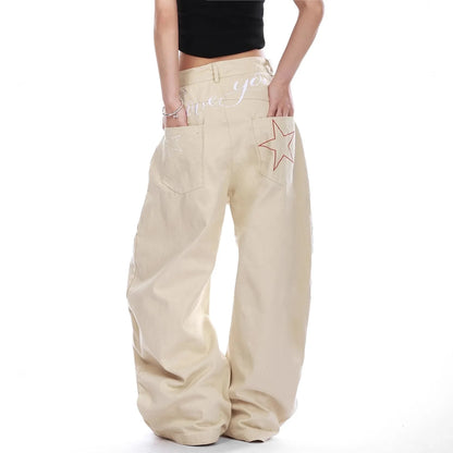 Retro American Star Letter Embroidery Wide Leg Jeans Men's Loose Long Trousers Workwear Pants Summer Denim Low Waist Straight