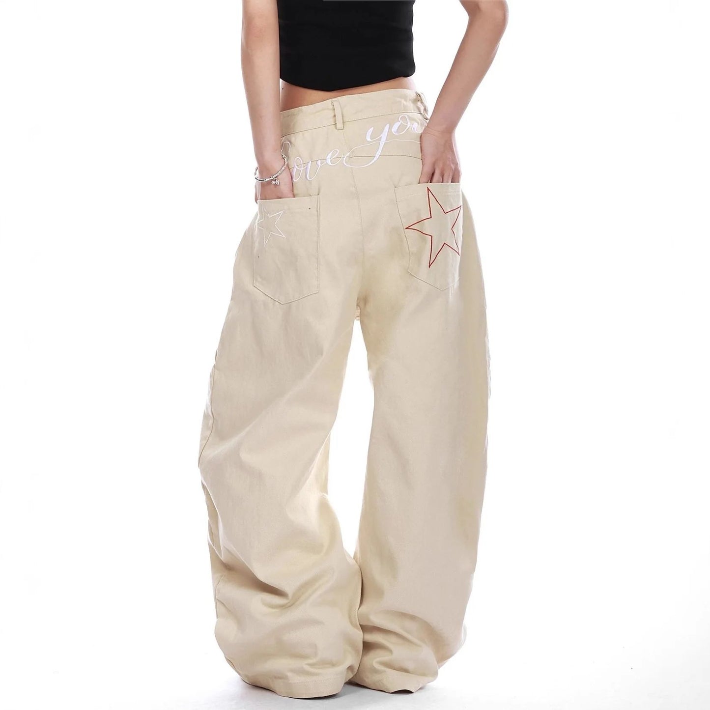 Retro American Star Letter Embroidery Wide Leg Jeans Men's Loose Long Trousers Workwear Pants Summer Denim Low Waist Straight