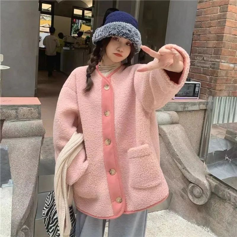2024 Winter New Women's Lamb Wool Jacket Petite Loose-Fit Thickened Integrated Deer Skin Fleece Medium-Length Korean Style