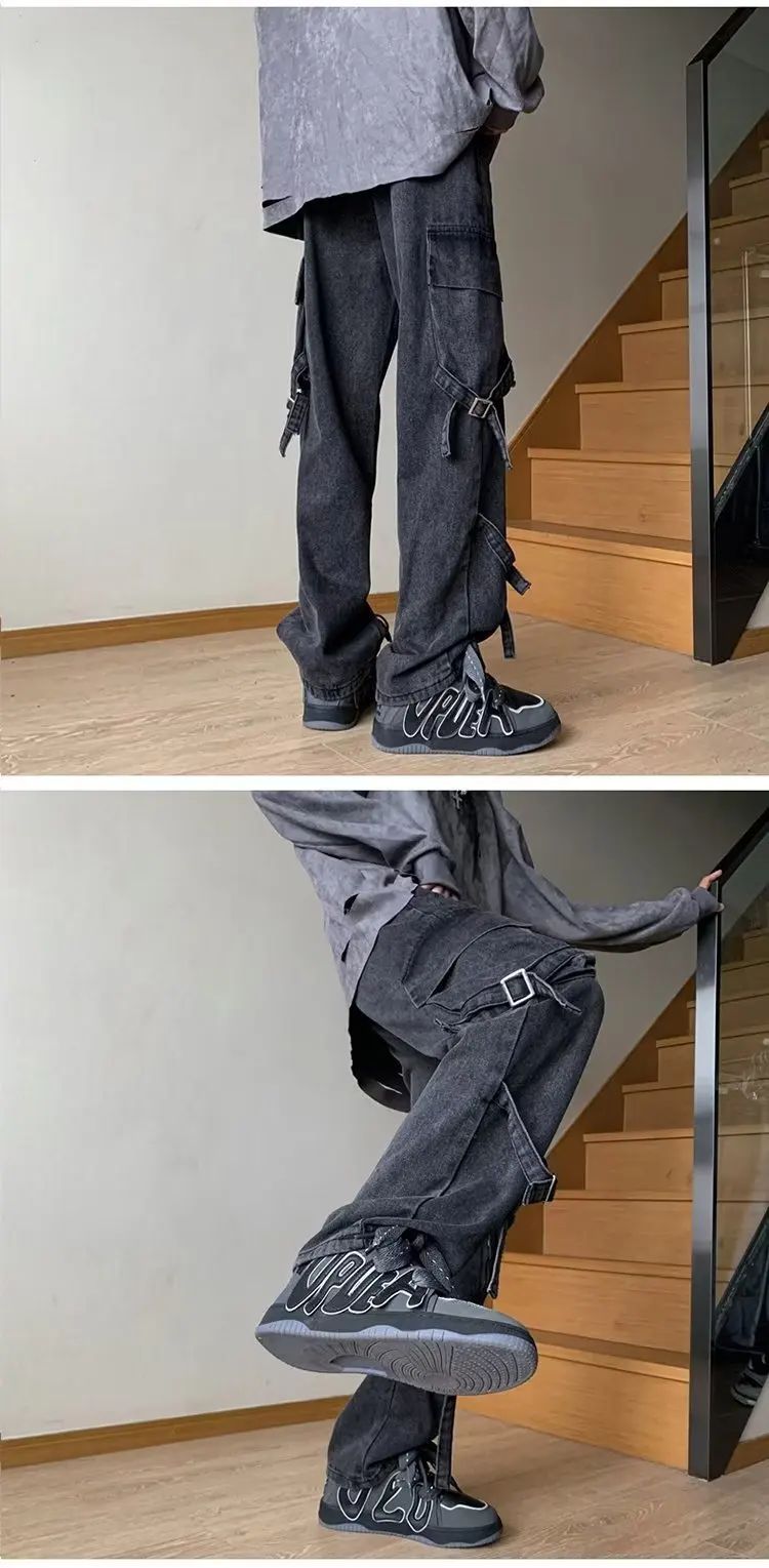 Vibezip-up Americano Jeans Masculinos da Moda Boca de Sino Solta Estilo Gangsta de Rua Ins Roupa de Trabalho Casual