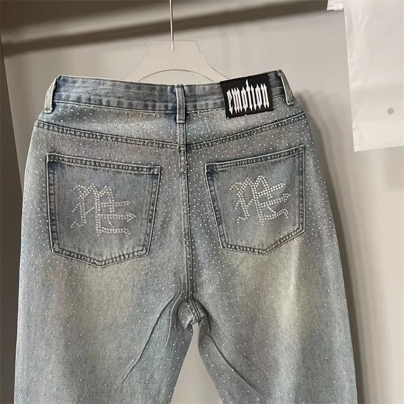 Calça Jeans Masculina Blue Washed MIXED EMOTION Hot Drill Letter Retrô Americana Calça Jeans Feminina Mixed Emotion