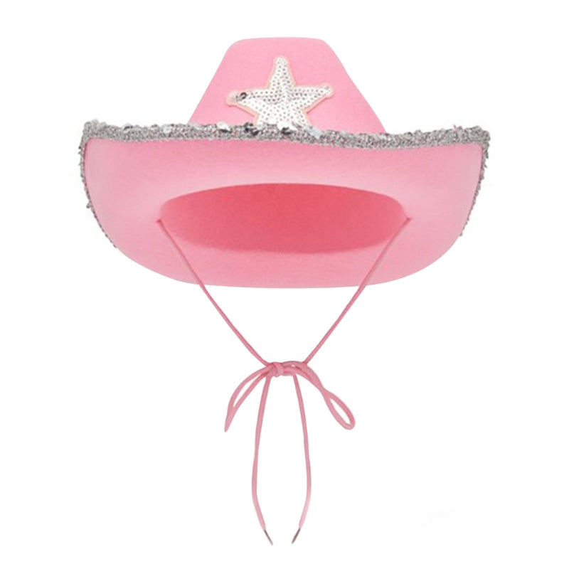 Pink Cowgirl Hat with Sparkling Sequins Trim for Halloween Dress Up Cosplay Party Supplies Costume Accessories