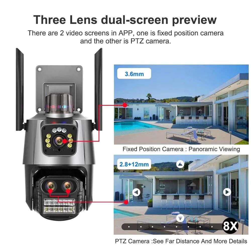 9MP Three Lens Dual Screen PTZ ICsee Alexa NVR Security CCTV WiFi Camera Outdoor8X Zoom Security Camera 4K Video Surveillance