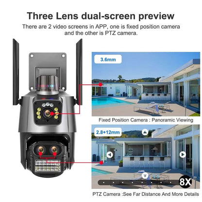 9MP Three Lens Dual Screen PTZ ICsee Alexa NVR Security CCTV WiFi Camera Outdoor8X Zoom Security Camera 4K Video Surveillance