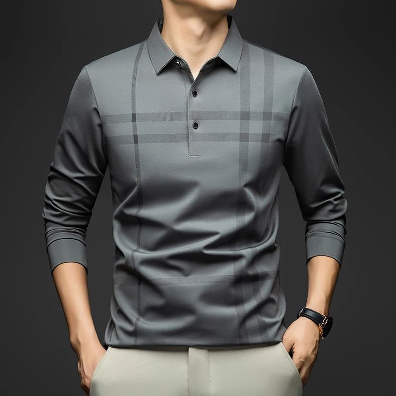 BROWON Graphic Polo Shirt Men 2025 Autumn New Business Slim Long Sleeve T Shirt Man Casual Loose Printed Striped Clothes for Men