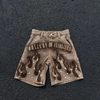 Goth Print Silk Jeans Men Shorts Street Harajuku Hiphop Vintage High Waited Denim Shorts of Men Clothing Casual Loose Pants Mens