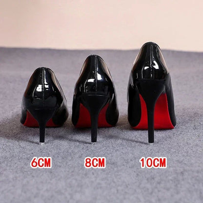 Sapatos femininos sexy de salto alto com sola vermelha, scarpin clássico, couro macio para outono, para uso em festas e casamentos.