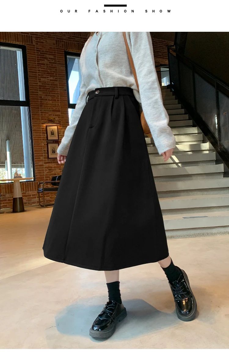 High Waist Plus Size Women Skirt Spring Women Clothing High Waist Hepburn Style Mid-Length A-Line Skirt New Casual Solid Skirts