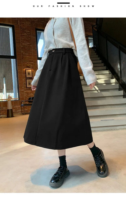 High Waist Plus Size Women Skirt Spring Women Clothing High Waist Hepburn Style Mid-Length A-Line Skirt New Casual Solid Skirts