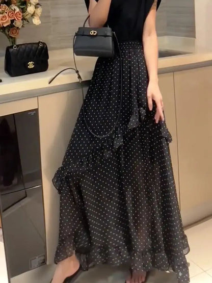 Plus Size Black Polka Dot Print Asymmetrical Hem Loose Women's Skirt Summer New Fashion Design Sense Midi Skirt Large Size Ha...