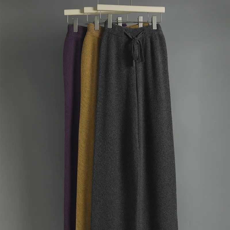 Spring Autumn Women High Waist Wool Wide Leg Pants Solid Soft Warm 100% Merino Wool Knitted Trousers Belt Casual Korean Fashion