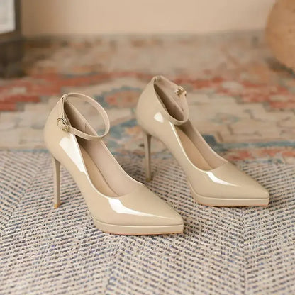 Sapatos femininos com salto agulha super alto de 11cm, corrente de pérolas, tira no tornozelo, bico fino, tamanho grande, sapatos de escritório de couro