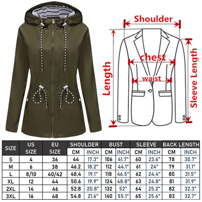Blue Waterproof Hooded Jacket Women Fashion Casual Coat Waist Drawstring Tie Zipper Switch Red Green Yellow Black Windbreaker