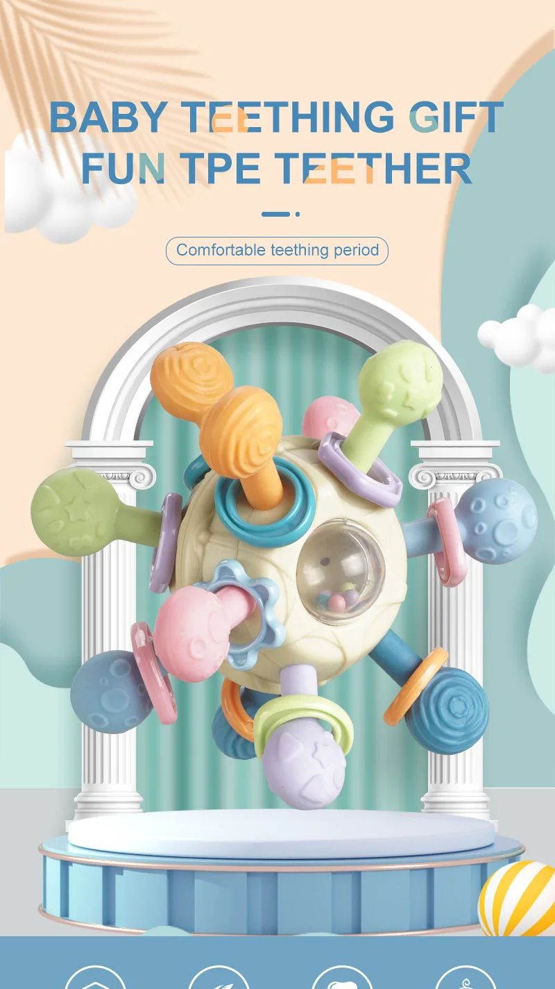 Silicone Teether Baby Toys 0 12 Months Rotating Rattle Ball Grasping Activity Baby Development Toy Baby Sensory Toys for Babies