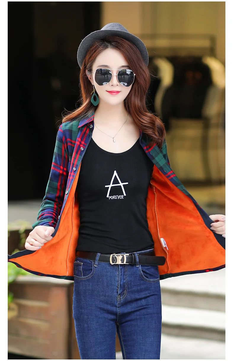 Thickened Fleece Women's Casual Shirt Korean Style All-Match Slim Fit Warm Plaid Elastic Large Size Button down Coat
