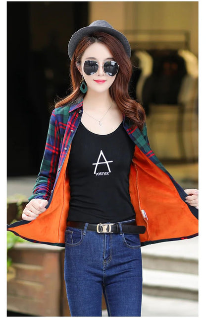 Thickened Fleece Women's Casual Shirt Korean Style All-Match Slim Fit Warm Plaid Elastic Large Size Button down Coat