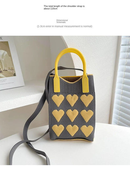 Korean Fashion Heart Knitted Mini Square Handbag for Women Small Mobile Phone Shoulder Bags Girls Cute Outdoor Crossbody Bags