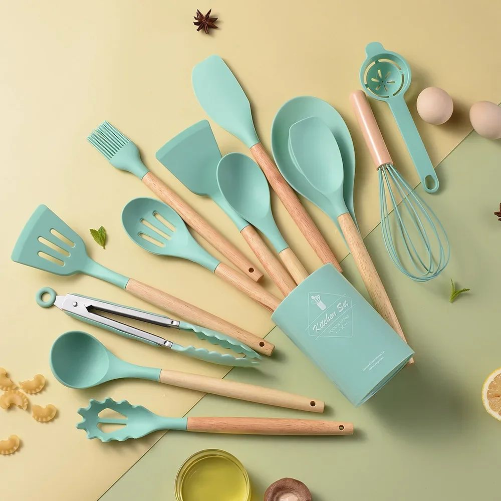 12PCS Silicone Kitchen Utensils Cooking Set Food Grade Cookware Utensils Turner Spatula Measuring Spoon Practical Kitchenware