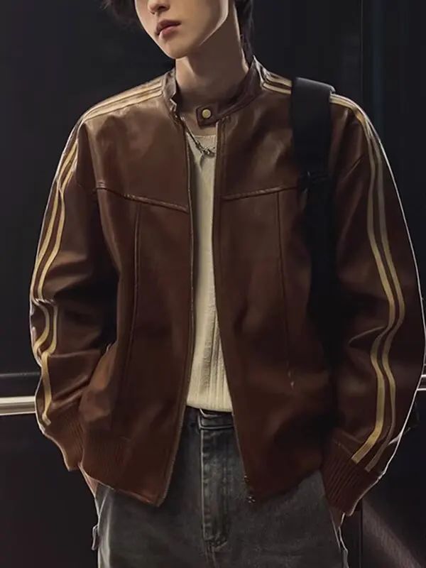 Loose Fit Men's Biker Leather Jacket Stripe Patchwork Stand Collar Casual Outerwear Façade Mixed Material Chinese Production