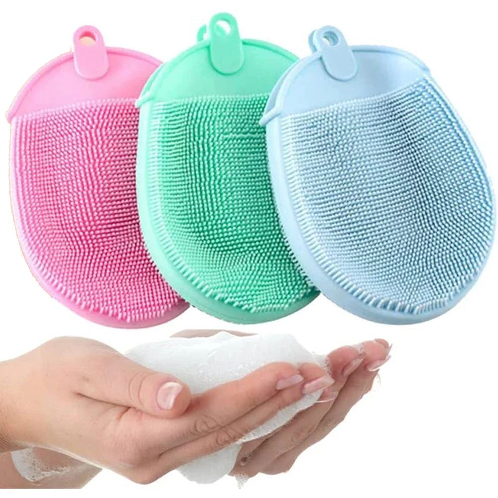 1 unidade de escova de massagem de silicone com gancho macio, esfoliante, luvas de banho, escova de limpeza para bebês, esfoliante de banho, removedor de bolhas