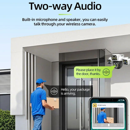 PEGATAH 6K 12MP Outdoor WiFi Camera Three Screen Three Lens 10X Zoom PTZ Automatic Tracking Audible Visual Alarm Security Cam