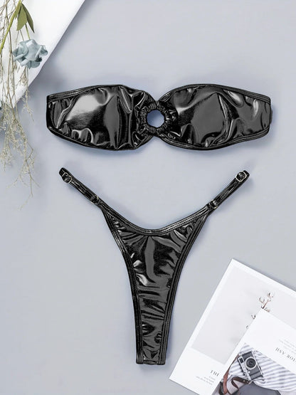 Sexy Bandeau Bikini 2025 Women Gold Black Metal Ring Linked Hollow Out Push Up Micro Swimsuit Shiny Bathing Suit Thong Swimwear
