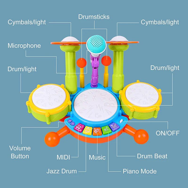 Hot Selling Creative Children Drums Set Electric Light Cool Music Drum Kit Percussion Instrument Baby Early Education Toys Gifts