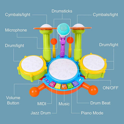 Hot Selling Creative Children Drums Set Electric Light Cool Music Drum Kit Percussion Instrument Baby Early Education Toys Gifts