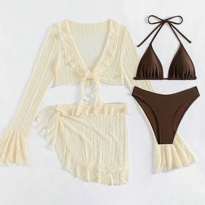 2025 Sexy Four-piece Women Swimsuit Long-sleeve Cover-up Swimwear Summer Solid Bikini Set Beachwear Party Bathing Suit